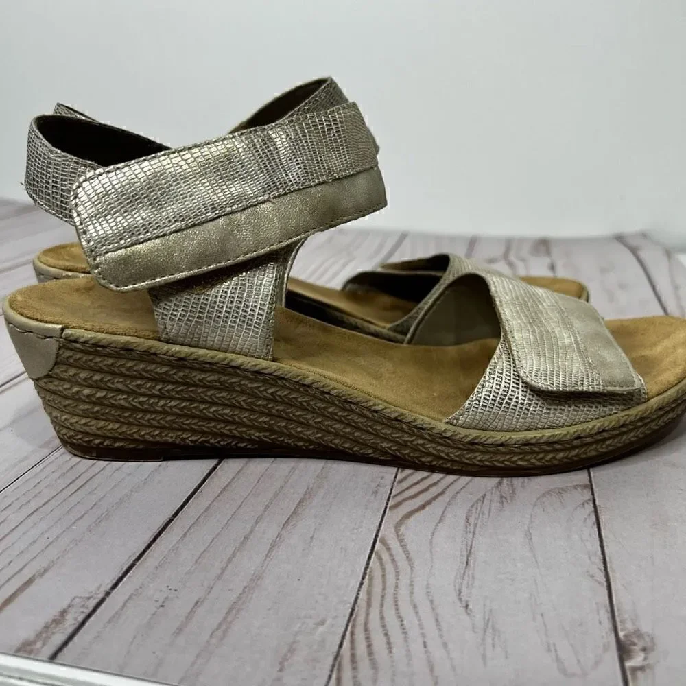 Rieker Women's Fanni Light Gold Metallic Sling Back Mid Height Wedge Sandals Siz